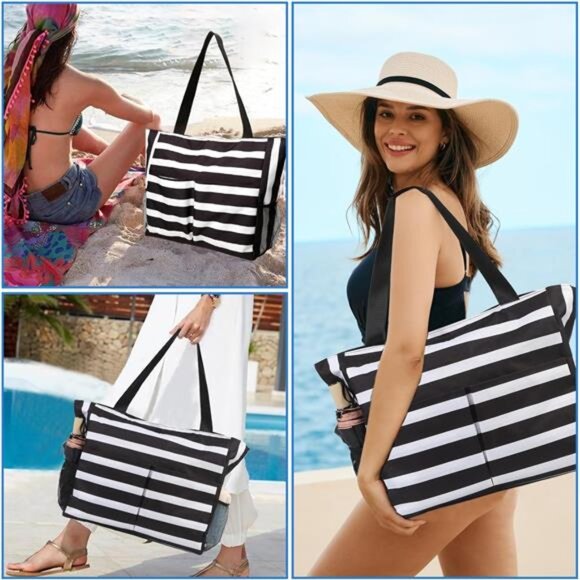 Stylish Black & White Striped Beach Tote Bag with Multiple Pockets - Picture 6 of 7